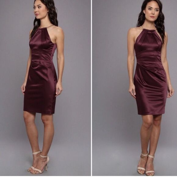 ELIZA J Pleated Satin Halter Neck Fully Lined Midi Dress EUC Size 8 Wine